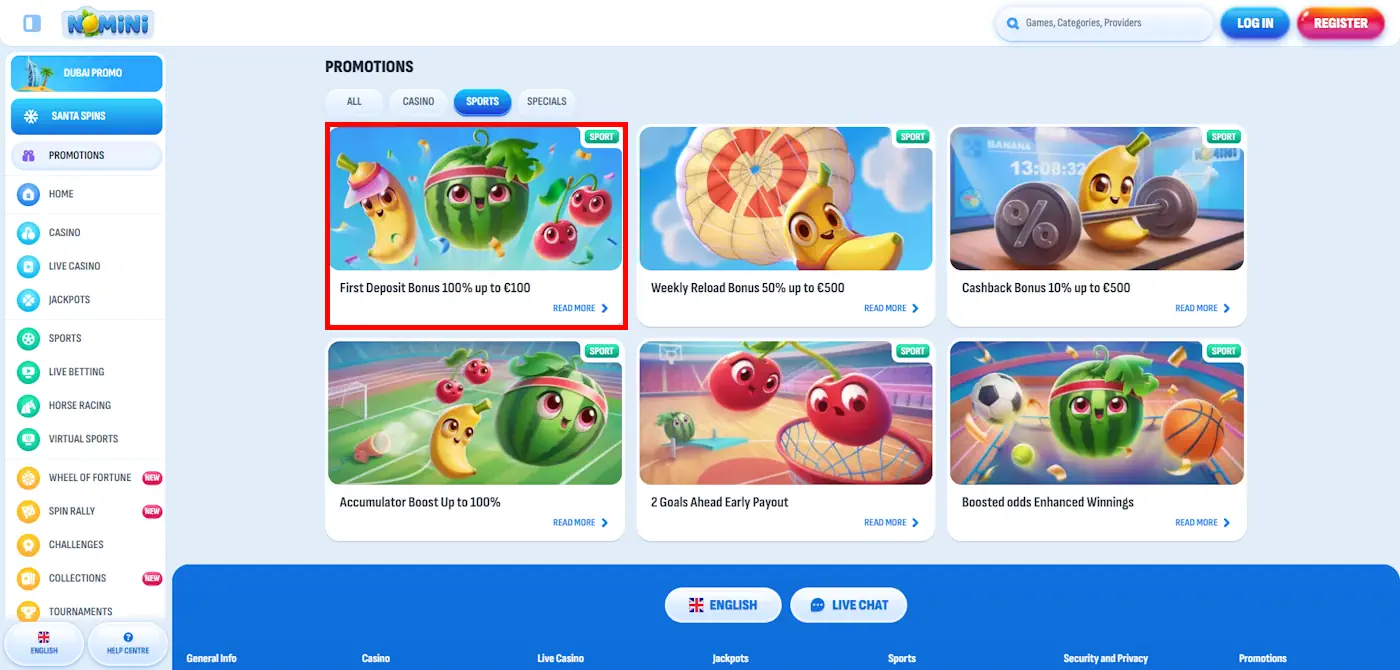 Nomini Sports Bonuses Screenshot